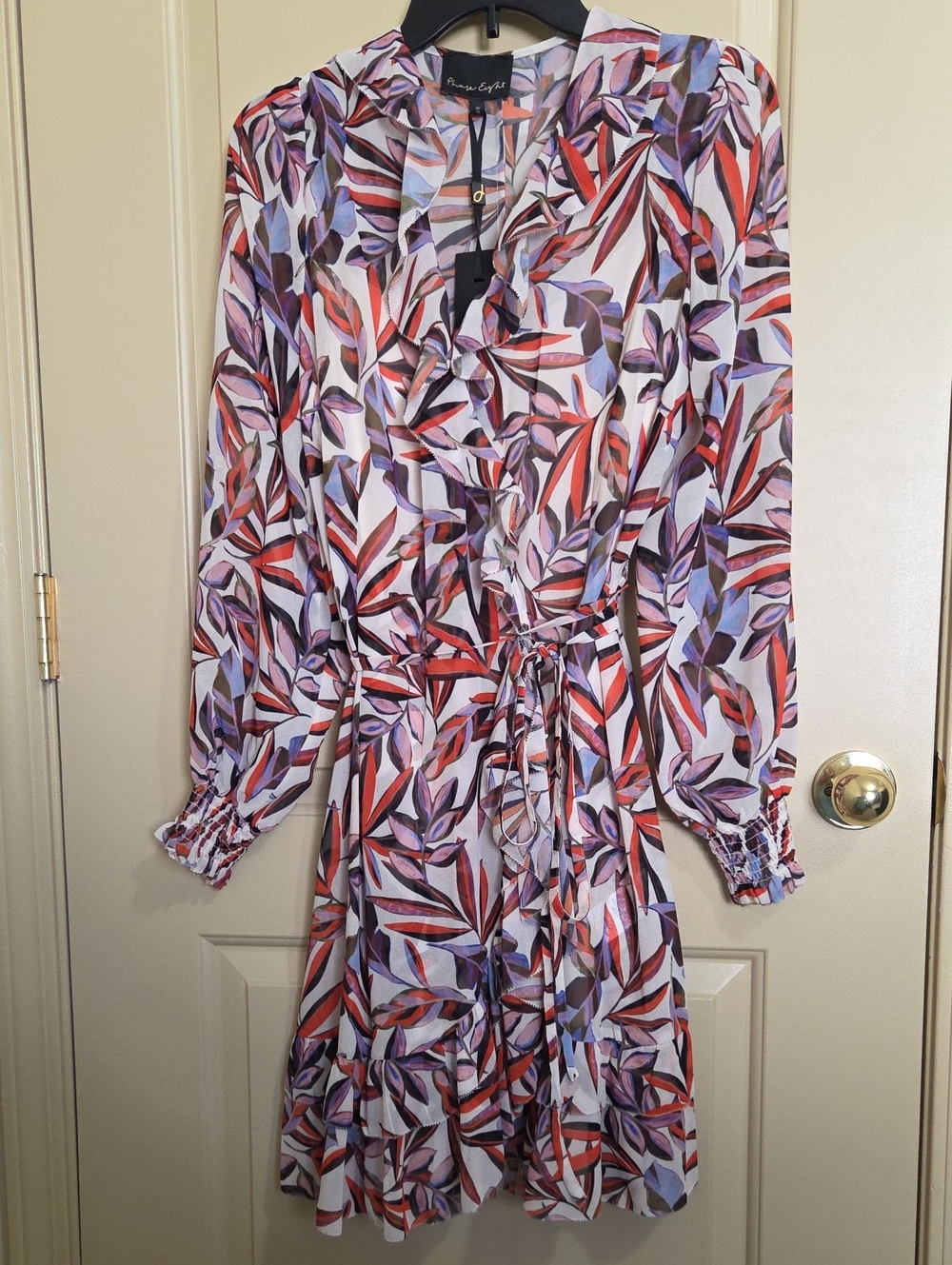 Phase Eight Pleated Ruffle Tie-Waist Mini Dress in Multi Leaf Print
